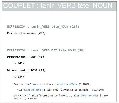 Figure 4 : Capture d’écran d’un fichier  html  contenant les occurrences en contexte d’un couplet  V  NObj  (tenir_VERB tête_NOUN) 