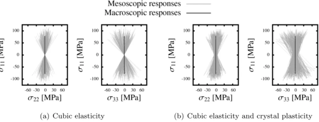 Figure 4: Comparison between the macroscopic and the mesoscopic σ 11 -σ 22 and σ 11 -σ 33 responses of one polycrystalline aggregate loaded at the fatigue limit level in fully reversed tension for: (a) a cubic elasticity model and (b) a cubic elasticity an