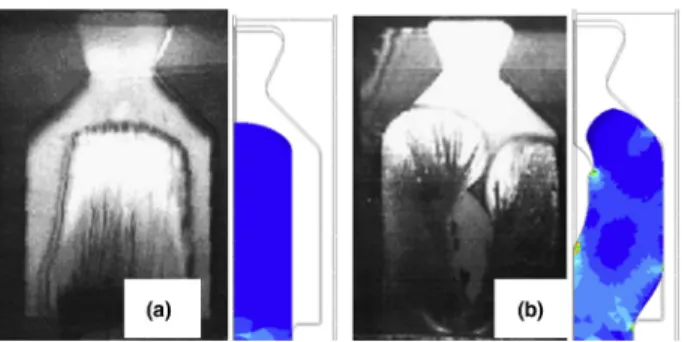 Figure 8 Comparison of experimental and predicted ﬂ ow front without (a) and with (b) obstacle
