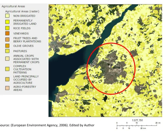 Figure 6- Corine Land Cover- Agricultural land use in Europe- Bristol region 