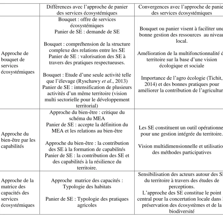 Tableau 11 : Différences et convergences entre les approches écosystémiques et le concept de  panier de SE 