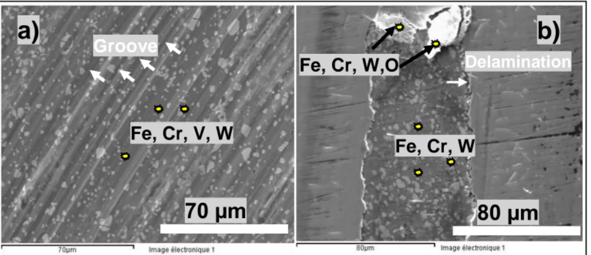 Fig. 5. SEM micrographs of wear track observed on (a) CrVN and (b) CrN when sliding against WC balls