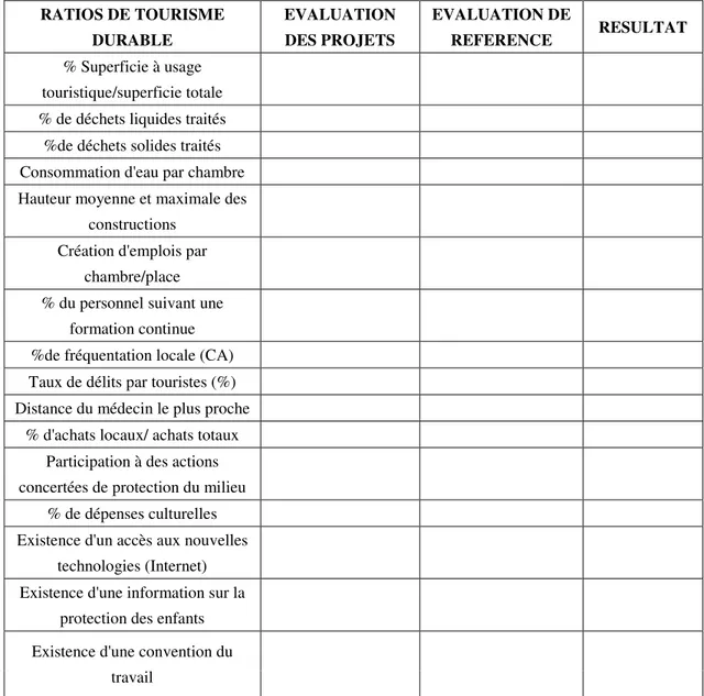 Tableau 3 - Grille de lecture des projets touristiques : ratios 