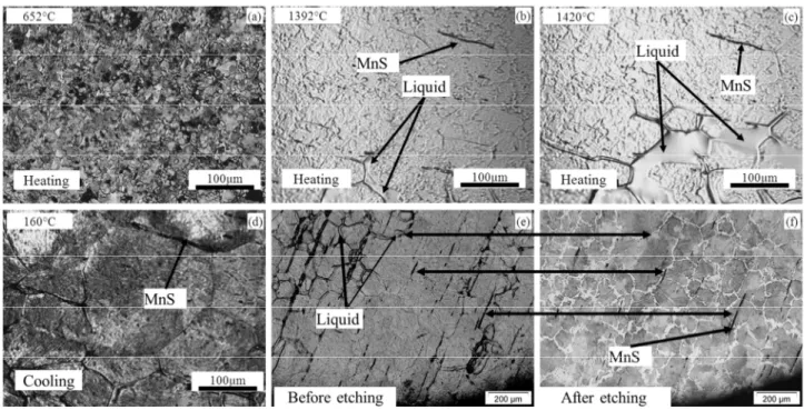 Fig. 4. (a)-(f) CLSM snapshots for the sequence of partial remelting of C38LTT during heating at 200°C/min  until 1420°C  and the subsequent cooling