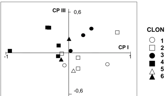 Figura 3: Ordenamiento bidimensional en Paspalum dilatatum: b) seis clones de la subespecie flavescens  en base al 1º y 3º componente principal (CPI y CPIII)