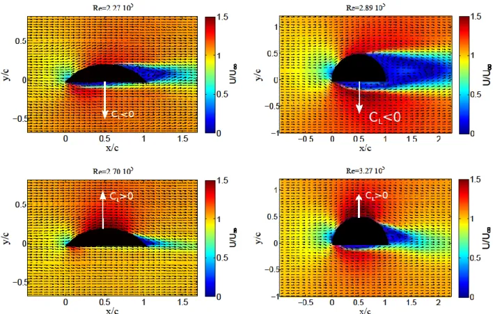 Figure SM3: Time-averaged velocity field below (top line) and above (bottom line) the critical Reynolds  number, for the circular-back section (left column) and the half-cylinder section (right column)