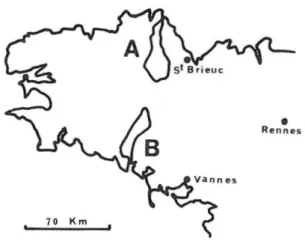Fig. 1 - Situation en Bretagne des deux bassins versants du Trieux (A) et du Scorff (B).