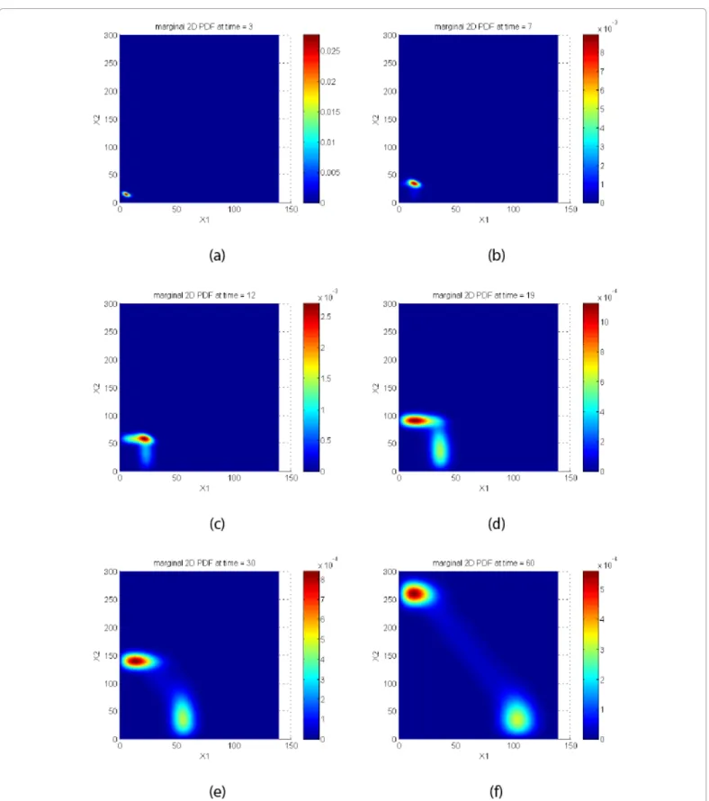 Figure 6: Probability distribution function P (z; t) at different times: (a) t = 3, (b) t = 7, (c) t = 12, (d) t = 19, (e) t = 30 and (f) t = 60.