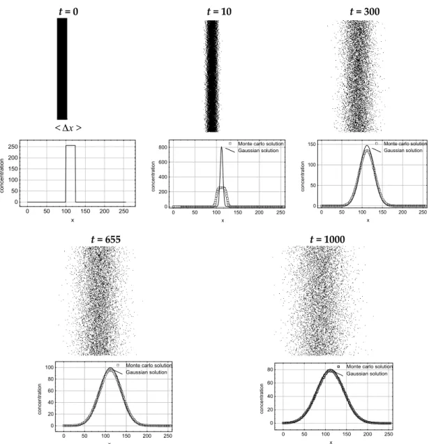 Figure 1. Snapshot of the Monte Carlo simulation for a grid size of 255 2  at different Monte Carlo  Steps (MCS) times (0, 10, 300, 655 (stability criterion), and 1000) and the concentration profiles under  Gaussian approximation and given by the Monte Car
