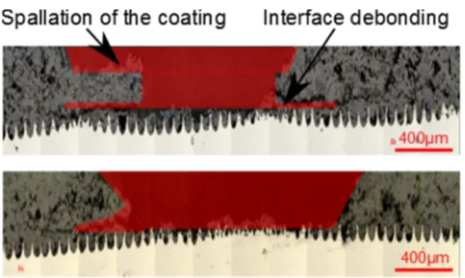 FIG. 11. Cross sections of Al/NiAl systems after laser adherence test at the same equivalent intensity