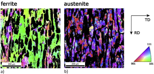 Fig. 1. The EBSD orientation maps showing the microstructure of the UR45N duplex stainless steel