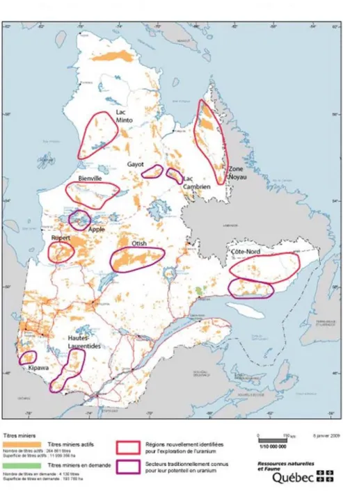 Figure 1: Map of Quebec uranium mining activity in 2009  