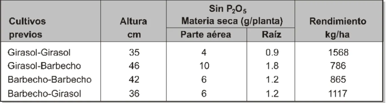 Cuadro 1.34.  Altura, materia seca y rendimiento de la soja en parcelas sin adición de fósforo