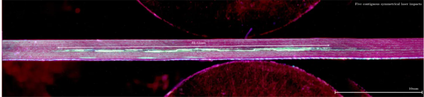 Fig. 27. Damage size in the case of five contiguous symmetrical laser impacts.