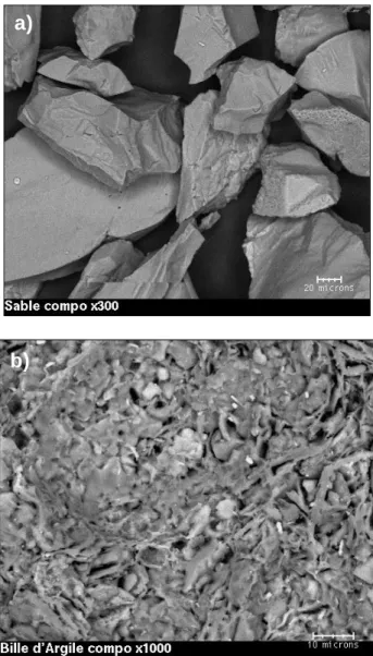 Figure  3.  SEM  image  of  the  Hostun  HN38  sand  a)  300- 300-fold and of the La Bisbal sintered clay b) 1000-300-fold