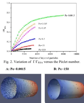Fig. 3. Visual illustration of adsorbed particles for two different Péclet  numbers after the injection of 3000 particles (A) Pe=0.0015 and (B) Pe=150