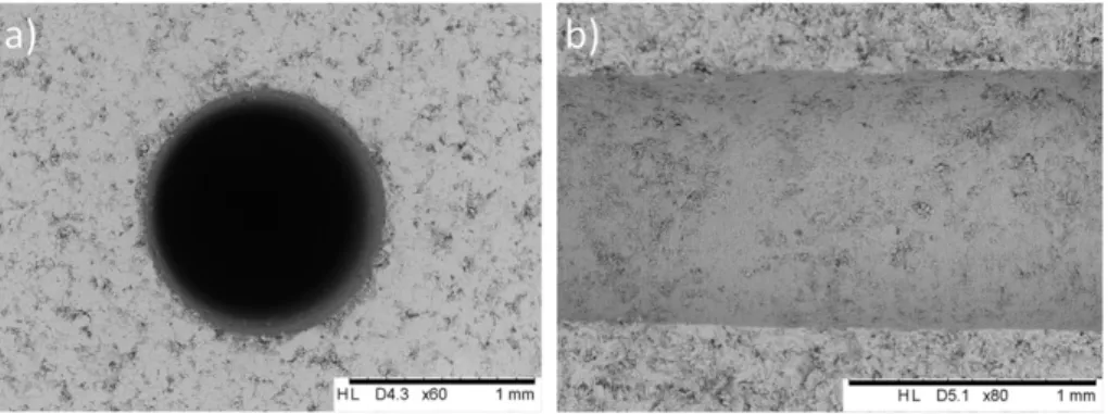 Fig. 2. SEM photograph of a tablet after machining: (a) surface of the tablet and (b) hole internal surface after the breakage of the tablet.