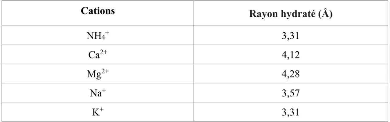 Tableau 1.4 : Rayon moyen hydraté des cations avec l'échange ionique de zéolite. 