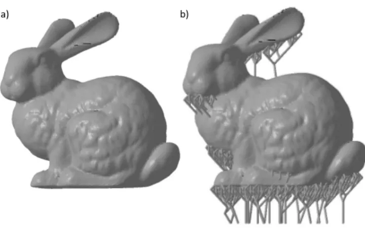 Figure 1: Optimized lattice support structures (b) generated from a tri- tri-angle mesh of the Stanford Bunny (a) using the framework presented in this paper.