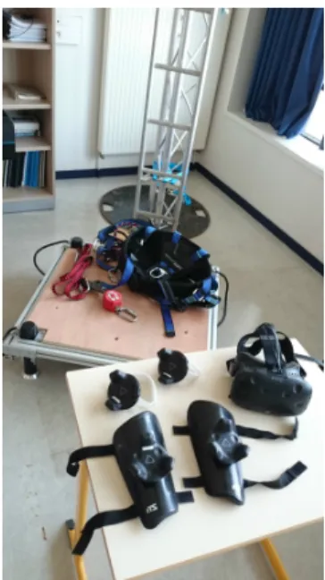 Figure 2: The WoaH simulator setup. In the foreground, the HTC Vive with the trackers to be attached to the user; in the background, the dynamic platform with the harness to be attached to the user and the real ladder fixed on a lightweight structure.