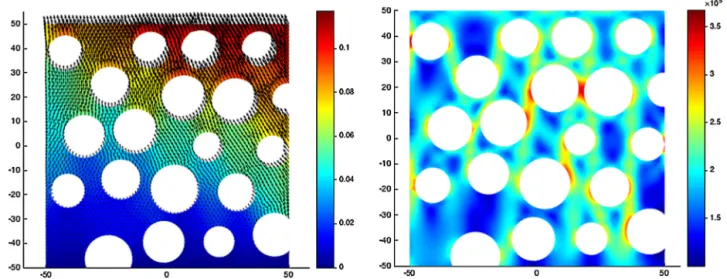 Fig. 2. Displacement ﬁeld (left) and Young modulus distribution (right).