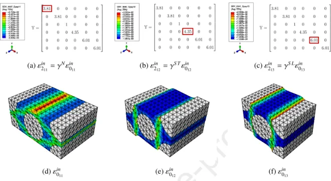 Figure 7: Comparison between the size of the concentration zone of the inelastic strain in the matrix ε in 0 and the value of each component of the correction tensor Y , for an elastoplastic composite reinforced with 50% of long fibers directed in directio