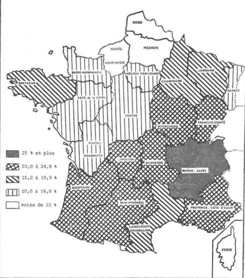 GRAPHIQUE  Il  Taux  régionaux  de  célibat  à  40-49  ans,  chez  les exploitants  et  aides  familiaux  agricoles  nés  entre  1919  et  1928 