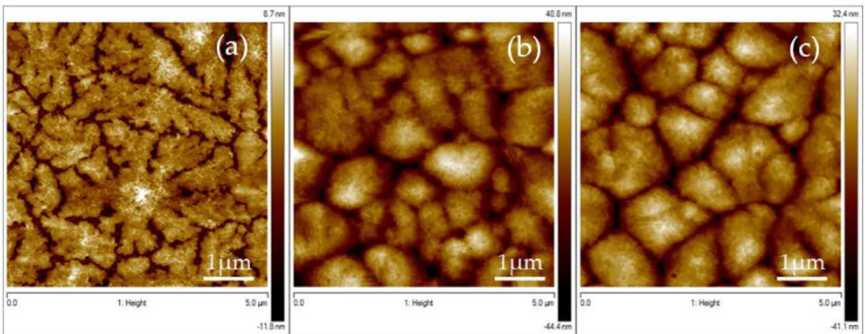 Figure 3. 5 × 5 µm AFM micrographs showing the morphology AFM images of PVDF thin films  with different volume ratio of DMF/acetone in the solution (a) 1:1 (b) 1:2 (c) 1:3.