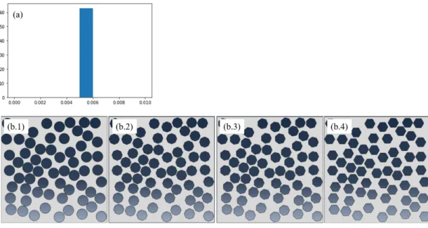Figure 3. (a) Histogram of pores radius; (b) Pore shapes: Circle, Octagon, Heptagon and Hexagon.