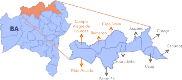 Figura 1: Território Sertão do São Francisco – BA. Os municípios destacados  pelos nomes na coloração laranja identificam os municípios contemplados  pelo Programa de Desenvolvimento Local Semiárido do SASOP.