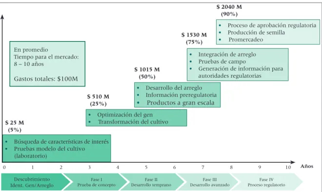 Fig. 1. Costos y duración de las diferentes etapas del desarrollo de un OGM.