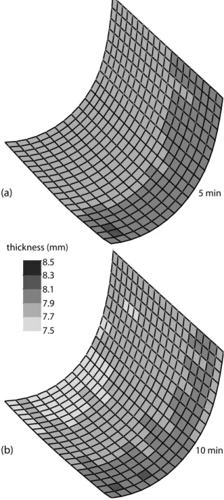 Figure 7: Sheet thickness computed after 5 min (a) and 10 min (b) forming times. 