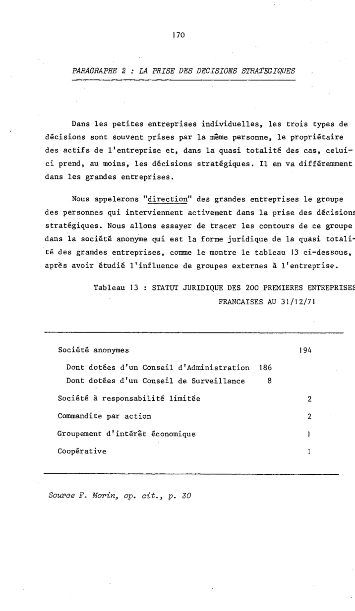 Tableau  13  STATUT  JURIDIQUE  DES  200  PREMIERES  ENTREPRISES  FRANCAISES  AU  31/12/71 
