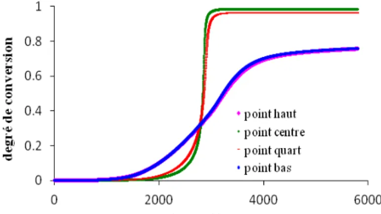 Fig. 11. Evolution du degré de cuisson en différents points dans un cas axisymétrique [5]