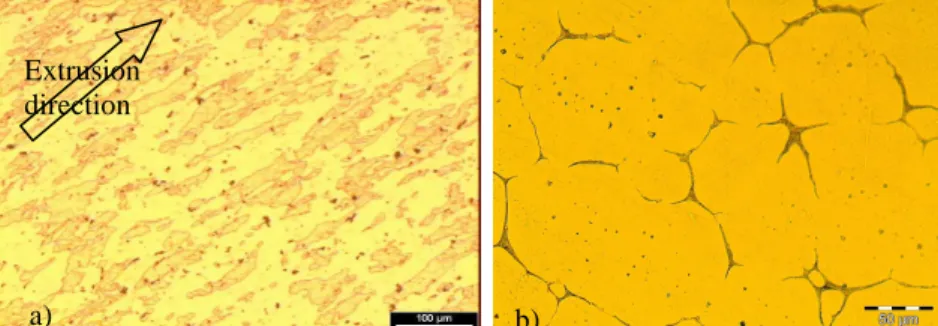 Figure  6a  shows  the  microstructure  of  7075  samples  before  reheating  which  consist  on  primary  α (Al)  elongated  phase  particles,  aligned  in  the  extrusion  direction,  with  the  grain  boundaries  well  delineated  [7]