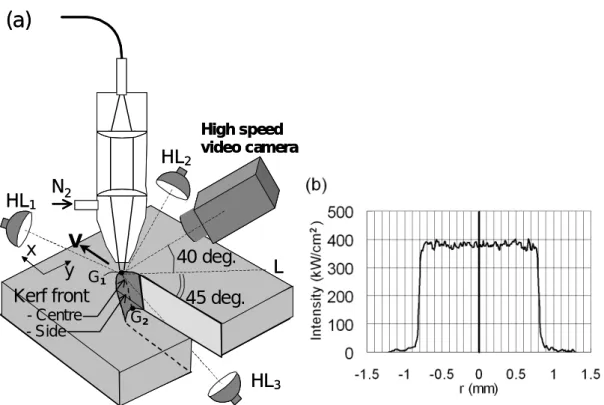 Figure 1. (a) Scheme of the experimental setup and (b) intensity distribution of focused beam  on sample surface