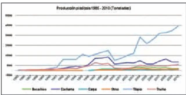 Gráfico 6. Producción piscícola por especie  entre 1985 y 2010 en toneladas.
