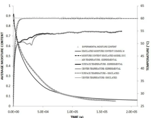 Fig. 1.Drying kinetics and temperature profiles,  simulated and experimental at 60 °C