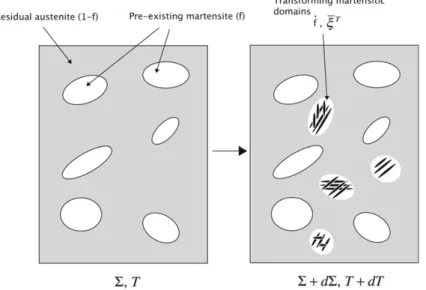 Fig. 4. Transformation of martensitic domains of volume fraction f _ accompanied by the mean instantaneous transformation strain (MITS).