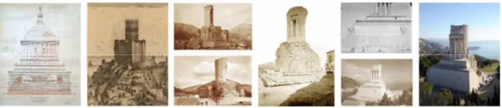 Figure 1: Iconography concerning different periods of Trophée des Alpes. From  the left to the right: hypothetical drawing of the original shape; engraving of its  transformation in a fortress (fifth century); monument remains (early twentieth 