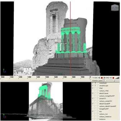 Figure 4. Modifying tool: the 3D model of the actual state of the colonnade is  split according to entities visible in the iconography related to the previous state