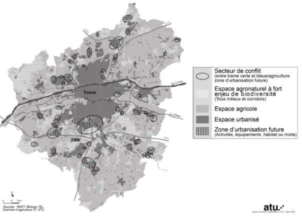 Figure  2  :  Identification  des  secteurs  de  conflits  entre  la  trame  verte  et  bleue,  l’agriculture  et  les  zones  d’urbanisation  future  (aire  du  SCOT  de  l’agglomération  tourangelle), Agence d’urbanisme de l’agglomération tourangelle 201
