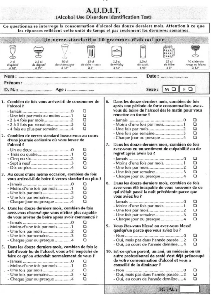 Figure 10 : Test Audit. Format utilisé à destination des patients dans les hôpitaux de Paris