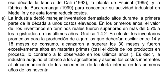 Gráfico 1.4.2  Industria de tabaco.Comportamiento de las  existencias a dic 31