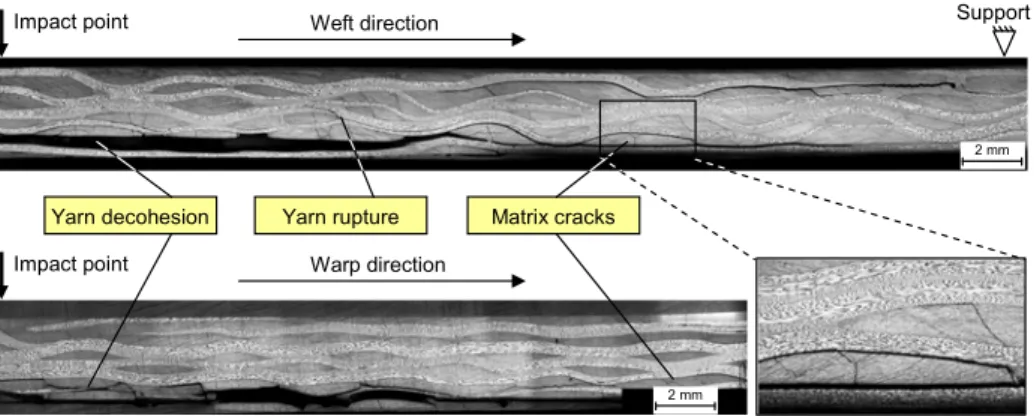 Fig. 12 Micrograph images after 100 J impact for 3X 55% composite plate