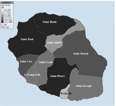 Figure 4 : Densité médicale des généralistes en nombre de médecin pour 10 000 habitants en  2019 à La Réunion (23) 