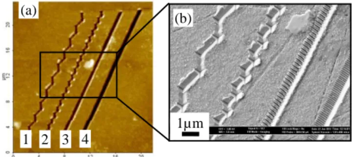 Fig. 6: Grooves machined using the Bresenham algorithm with  different discretization steps: (a): AFM image, (b): SEM image