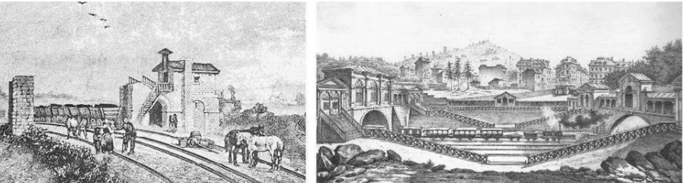 Figure 2 : Gare intermédiaire sur la ligne St-Etienne-Andrézieux (1836) et Lithographie de l’Embarcadère  de l'Europe (future Saint-Lazare) à l'époque du chemin de fer de Saint-Germain, (V