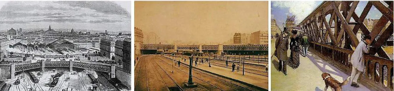 Figure 3 : Lithographie de la gare Saint-Lazare nouvellement reconstruite derrière le pont de l’Europe (A