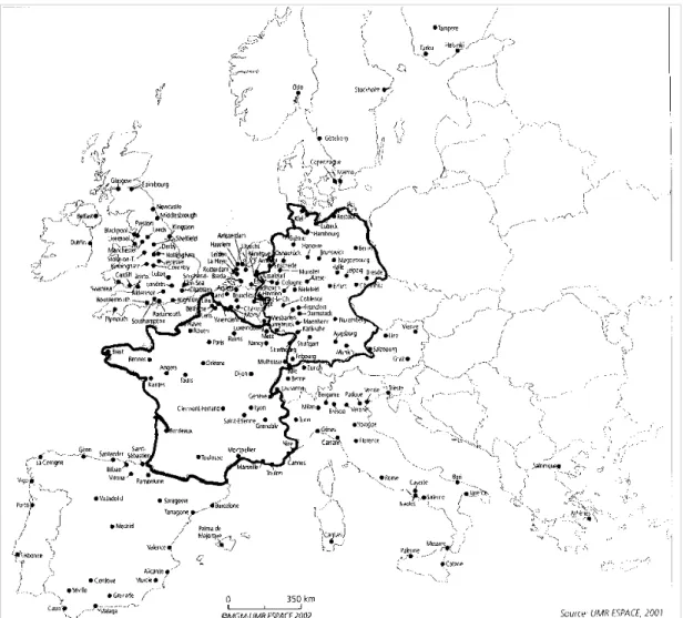 Illustration  1:   Les   agglomérations   d'Europe   occidentale   de   plus   de   200   000   habitants   en   1990 ( Rozenblat, Cicille, 2003)